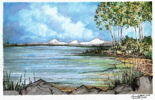 Talkeetna Riverfront 5x7 Illustration by Amanda Pharis